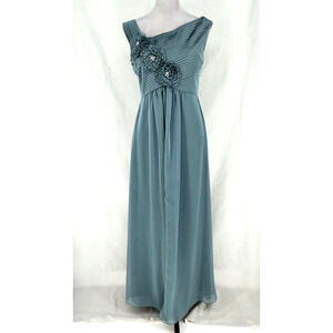 KM Collections Milla Bell Dress Gown Womens 6 Gray Green Chiffon Rhinestones
